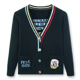 Womens Pure Wool Black Cardigan – V-Neck, Playful Motifs, Sweet-Cool Style