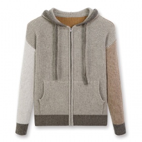 Woolcraft·拼色连帽拉链开衫 — 撞色手工艺术感